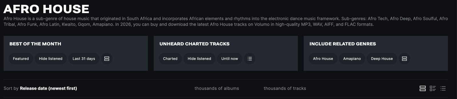 Volumo's Exclusives and Releases tabs for finding brand-new underground tracks